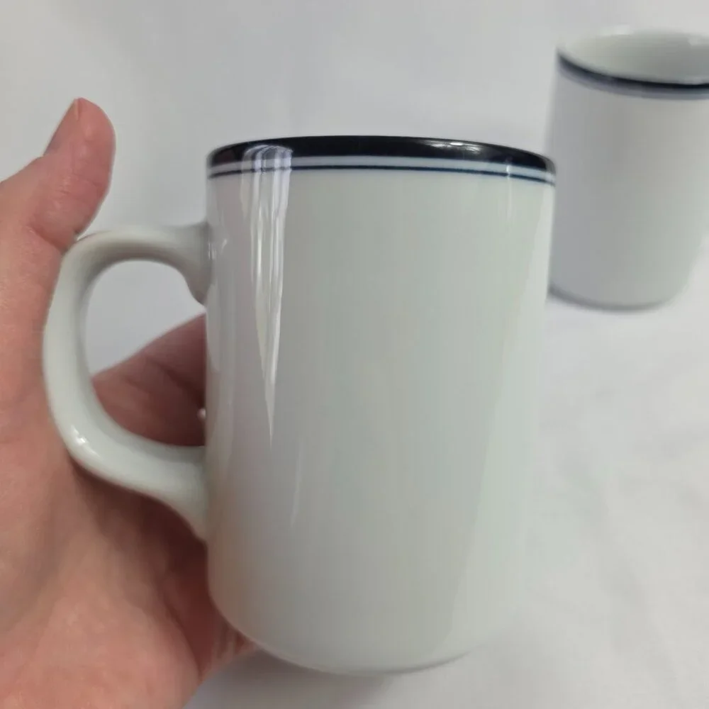 TWO Dansk Allegro Blue Mugs White with Two Blue Bands on Rim